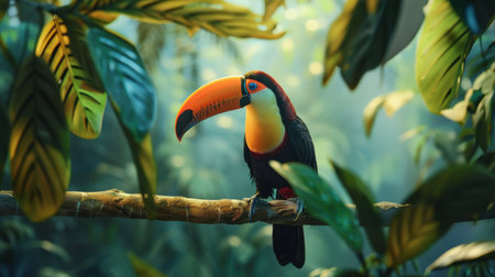 A toucan with vibrant orange, yellow, and black plumage perches on a branch in a lush tropical rainforest. The toucan's large, colorful beak stands out against the green foliage. The scene is bathed in soft, dappled sunlight that illuminates the vibrant colors of the rainforest.の素材