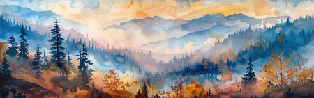 A watercolor painting depicts a mountain range at dawn, with soft, misty light illuminating the peaks and valleys. The foreground features a row of pine trees, while the distant mountains are obscured by a haze. The colors are predominantly blue and green, with splashes of orange and yellow.の素材