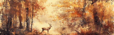 A watercolor painting depicts a deer standing in an autumn forest, surrounded by tall trees with vibrant orange and brown leaves. The light shines through the trees, creating a warm, hazy atmosphere.の素材