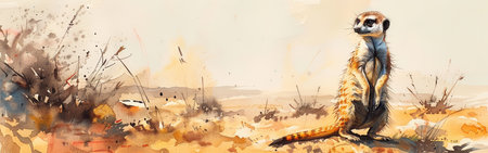 A single meerkat stands alert on a sandy ground, with a hazy desert landscape behind it. The illustration is painted with loose brushstrokes in watercolors.の素材