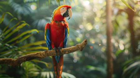 A scarlet macaw with blue and yellow feathers sits on a branch in a tropical forest. The sun shines through the leaves, creating a warm, inviting atmosphere.の素材