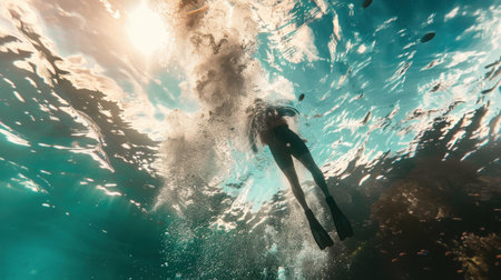 A person swims with fins, facing upwards, as sunlight shines through the turquoise ocean water. The swimmer is obscured by the water's surface, creating a blurred silhouette. The ocean floor below is visible, covered in coral and seaweed, with bubbles rising from the depths. The scene is captured from an underwater perspective, showing the beauty and clarity of the ocean.の素材