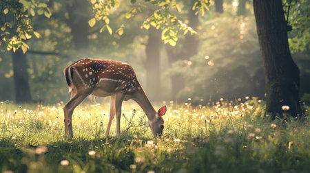 A spotted deer grazes peacefully in a grassy clearing within a forest, bathed in the warm sunlight of early morning. The deer's coat is dappled with sunlight and its head is bent low as it nibbles on the fresh grass. A large tree trunk is visible on the right side of the frame, with the forest foliage creating a backdrop of green and gold. The soft light and peaceful scene create a sense of tranquility.の素材