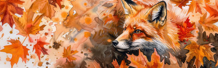 A watercolor painting of a red fox's head peeking out from behind a colorful arrangement of autumn leaves. The fox is looking to the right with a focused gaze, while the leaves are painted in shades of orange, red, and yellow. The background is a soft blend of light colors, creating a sense of depth and ethereal beauty.の素材