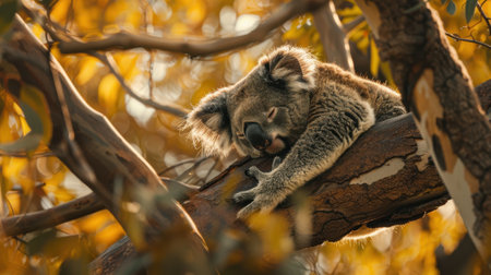 A Koala rests on a tree branch, its fur blending with the surrounding foliage. The sun shines through the leaves, casting a golden glow on the scene.の素材