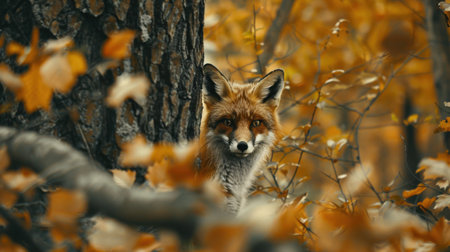 A red fox peeks out from behind a tree in a forest, its gaze fixed on the camera. The forest floor is covered in a blanket of yellow and orange leaves, the vibrant colors of autumn. The fox's fur blends seamlessly with the fallen leaves, making it almost invisible to the naked eye.の素材