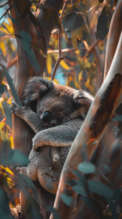 A furry koala sleeps soundly, curled up in a eucalyptus tree trunk. Sunlight filters through the leaves, casting a warm glow on the sleeping animal.の素材