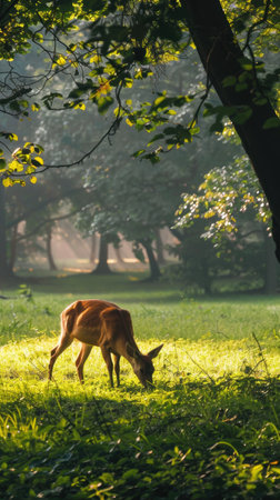 A deer grazes on lush green grass in a sun-drenched forest, sunlight filtering through the leaves of the trees overhead. The air is still, and the only sound is the gentle rustle of leaves.の素材