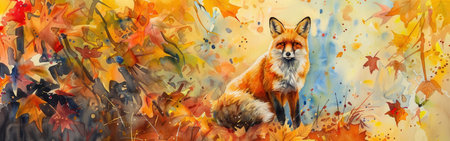 A red fox sits amongst a vibrant background of fallen autumn leaves in a watercolor painting. The fox has a white chest and a bushy tail. The background of the painting is filled with warm yellow, orange, and red leaves, and the brushstrokes create a sense of movement and energy.の素材