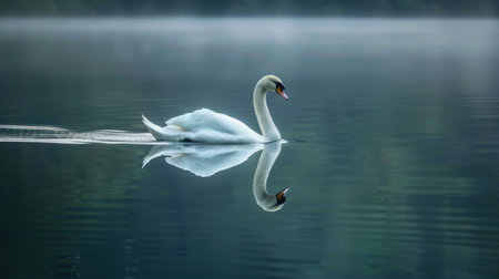 A single, white swan glides gracefully through the still water of a lake. The morning mist hangs low over the water, creating a serene and ethereal atmosphere. The swan's reflection is perfectly mirrored in the undisturbed surface, adding to the beauty of the scene.の素材