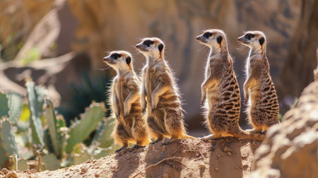 Four meerkats stand erect on a sandy hill, their fur catching the warm sunlight as they scan the surrounding savanna for potential threats. Their inquisitive eyes and alert postures demonstrate the important role they play as sentinels for their group.の素材