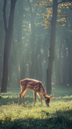 A young fawn grazes on lush green grass in a clearing within a forest. Tall trees line the edges of the clearing, with sunlight streaming through the foliage, casting dappled shadows on the ground. The fawn's spotted coat blends seamlessly with the surrounding environment.の素材