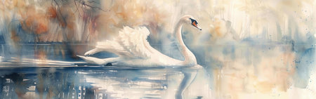 A single white swan swims gracefully through the still waters of a lake, its wings spread wide as it glides effortlessly across the surface. The background is a soft, impressionistic blur of pale blues and yellows, suggesting a peaceful, tranquil atmosphere.の素材