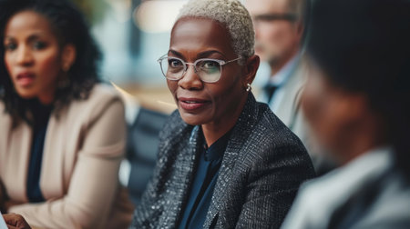 A confident businesswoman, wearing glasses, sits in a meeting with other professionals. Her expression is serious and engaged, suggesting she is participating in a meaningful discussion. The image captures the energy and focus of a successful professional in a business setting.の素材