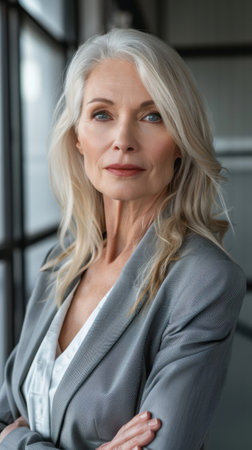 A woman with long, gray hair and blue eyes is wearing a gray blazer and standing in front of a window. Her arms are crossed, and she is looking directly at the camera.の素材