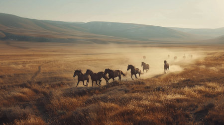 A herd of horses run through a large grassy field as the sun sets. The horses are silhouetted against the orange and yellow sky. The field is covered in tall grass and the air is filled with dust.の素材