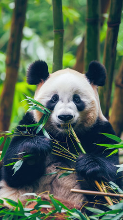 A panda bear sits amongst green bamboo stalks in a lush forest. It is enjoying a meal of fresh bamboo shoots, holding one stalk in its paws and taking a bite. The panda's fur is black and white, and its eyes are dark.の素材