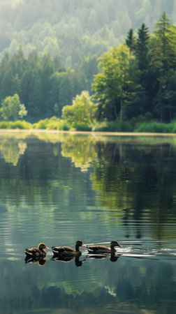 Four ducks swim in a tranquil lake surrounded by lush green trees. The morning sun casts a warm glow over the water, creating reflections of the surrounding forest.の素材