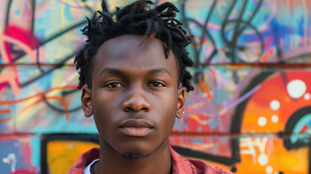 A young man with dreadlocks stands in front of a brightly colored graffiti wall. He stars directly at the camera with a serious expression. The background features vibrant colors and abstract designs, while the man's clothing is simple and casual.の素材