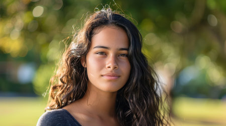 A young woman with long, curly black hair stands in a park on a sunny day. She is wearing a dark gray shirt, and her face is partially obscured by her hair. There are out-of-focus green trees and foliage in the background.の素材