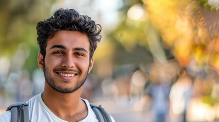 A young man with curly brown hair and a beard smiles broadly as he stands outdoors. The man is wearing a white t-shirt and a dark backpack. The background is blurred, suggesting an outdoor setting with trees and sunlight.の素材