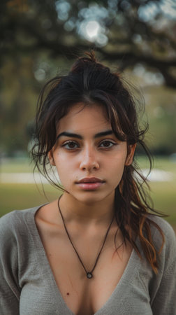 A young woman with dark hair pulled back in a loose ponytail and brown eyes looks directly at the camera. She is wearing a gray v-neck sweater and a simple necklace. The background is out of focus, showing a green park with trees in the distance. The image has a natural, warm lighting.の素材