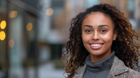 A young woman with curly dark hair is smiling and looking directly at the camera. Her skin is a medium brown, and she is wearing a gray turtleneck sweater under a patterned jacket. There are lights out of focus behind her, suggesting an urban setting.の素材