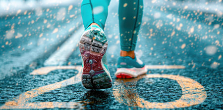 A runner's shoe is in focus, with the sole of the shoe clearly visible. The runner is wearing teal leggings and bright blue sneakers. Snow is falling on the wet city street and the runner is walking on a yellow painted line.の素材