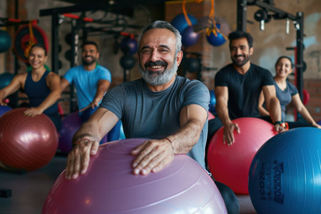 A group of people exercise on stability balls in a modern gym. The man in the foreground has a wide smile and is holding onto a purple ball, while the people behind him are working out too. The room is filled with natural light and is well-equipped, with other exercise equipment in the background.の素材