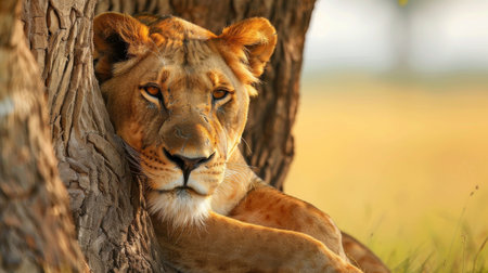 A lioness rests her head against a large tree trunk in the African savanna. The sun shines brightly, casting a warm golden glow over the scene. The lioness is alert, with its eyes open and its ears perked, suggesting a sense of vigilance and awareness of its surroundings.の素材