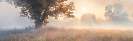 A lone, majestic tree stands tall in a field, its silhouette bathed in the soft, golden light of the rising sun. The air is thick with fog, creating a sense of mystery and tranquility. The field is covered in wildflowers, adding a touch of color to the scene.の素材