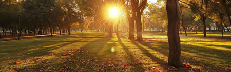 A park setting with tall trees casting long shadows on a grassy lawn, with sunlight streaming through the branches and leaves. The air is clear and bright, creating a sense of peace and tranquility.の素材