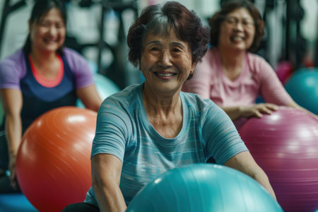 A senior woman in a blue shirt smiles as she sits on an exercise ball during an exercise class with other women. The woman is in a gym setting with other exercise balls in the background. The woman is happy and healthy and appears to be enjoying the class.の素材