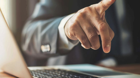 The image shows a close-up of a businessman's hand pointing at the keyboard of a laptop. The hand is in focus and the keyboard is slightly blurred in the background. The businessman's suit jacket is visible out of focus.の素材