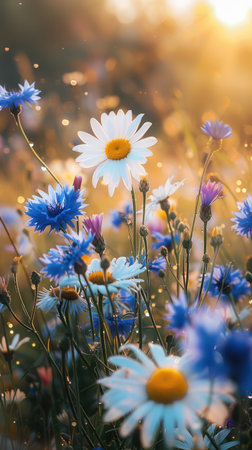 A field of wildflowers with white daisies and blue cornflowers bloom in a meadow on a sunny summer day. The flowers are in focus, and the background is blurred, creating a soft and dreamy effect.の素材