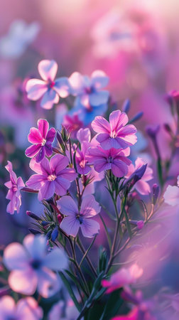 A close-up of vibrant pink flowers with soft, pastel hues blooming in a lush summer garden. The delicate petals and stems are illuminated by warm sunlight, creating a beautiful and romantic atmosphere.の素材