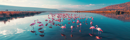A large flock of pink flamingos wade in a shallow lake, feeding on algae and small invertebrates. The water is calm, reflecting the blue sky and fluffy clouds. The sun is just rising, casting a warm glow over the scene. The flamingos are spread out across the lake, their long necks dipping and bobbing as they search for food. The African savanna landscape provides a backdrop to this beautiful wildlife scene.の素材