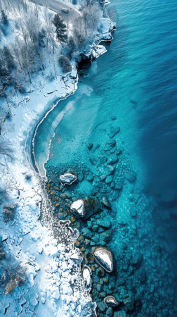 A beautiful blue ocean with a rocky shoreline. The water is calm and the rocks are scattered throughout the area. Concept of tranquility and serenityの素材
