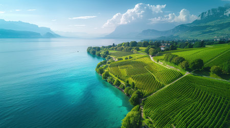 A beautiful landscape with a body of water and green vineyards. The scene is serene and peaceful, with the water and vineyards creating a sense of harmonyの素材