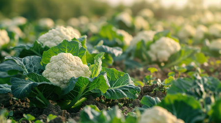 A field of green vegetables, including cauliflower, is shown in the image. Scene is peaceful and serene, as the vegetables are growing in a natural environmentの素材