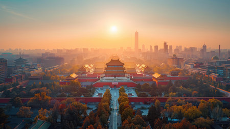A city with a large red building in the center and a large tower in the background. The sun is setting and the sky is orangeの素材