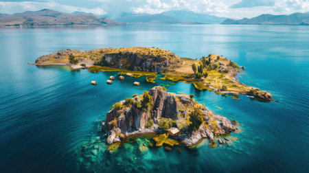 A beautiful island with a body of water in the background. The island is surrounded by water and has a rocky shorelineの素材