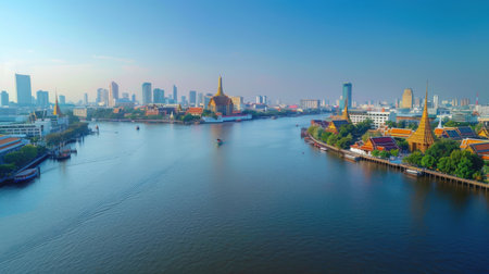 A city with a river running through it. The water is calm and the sky is clear. The city is full of buildings and boatsの素材