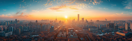 A city skyline with a beautiful orange sun in the sky. The sun is setting and the sky is filled with clouds. The city is bustling with activity and the sun is shining brightlyの素材