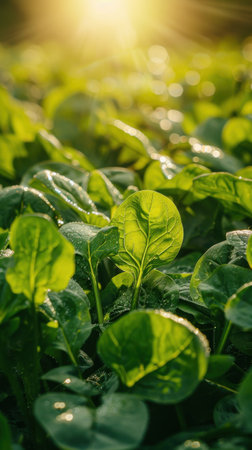 A field of green spinach plants with droplets of water on them. The sun is shining brightly on the plants, making them look fresh and vibrantの素材