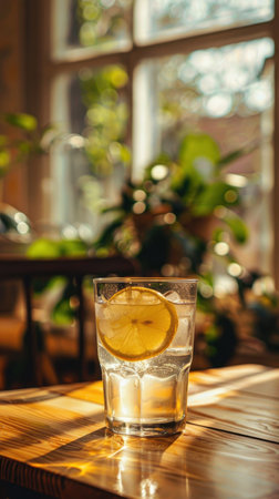 A glass of lemonade sits on a wooden table. The glass is half full and the lemon wedge is floating in the drink. The sunlight is shining through the window, creating a warm and inviting atmosphereの素材