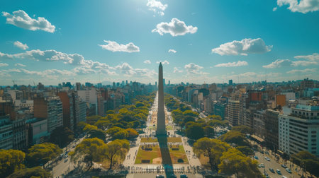 A cityscape with a large monument in the middle. The sky is blue with some clouds. The city is bustling with people and carsの素材