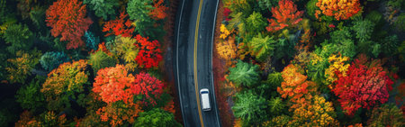 A car is driving down a road with trees on either side. The road is lined with trees that are in various stages of fall, with some leaves still green and others turning orange and redの素材