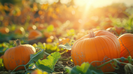A field of pumpkins with the sun shining on them. The pumpkins are orange and are scattered throughout the fieldの素材