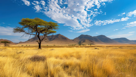 A large tree stands in a field of tall grass. The sky is clear and blue, and the sun is shining brightly. The scene is peaceful and serene, with the tree providing a sense of shelterの素材